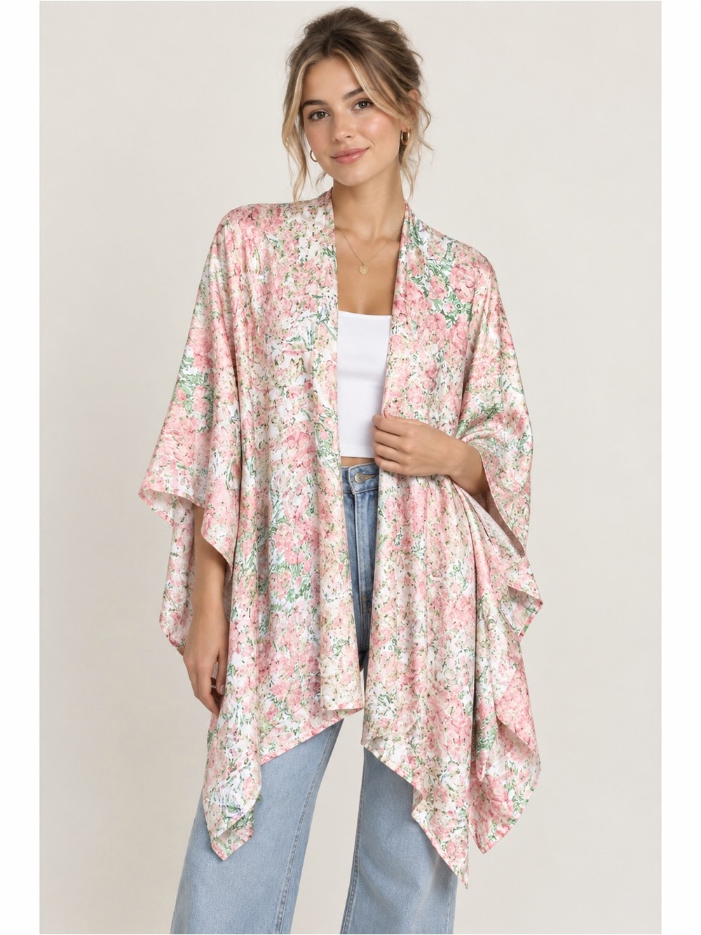 Ark & Co Floral Pattern Charmeuse Open Front Coquette Feminine Oversized Kimono
